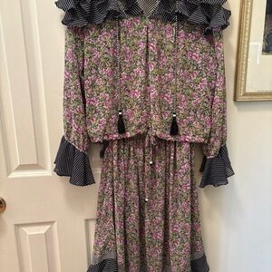 Vintage Diane Freis 80s Boho Floral 2pc Set Y2K Dress Flouncy Ruffles V Neck M-L